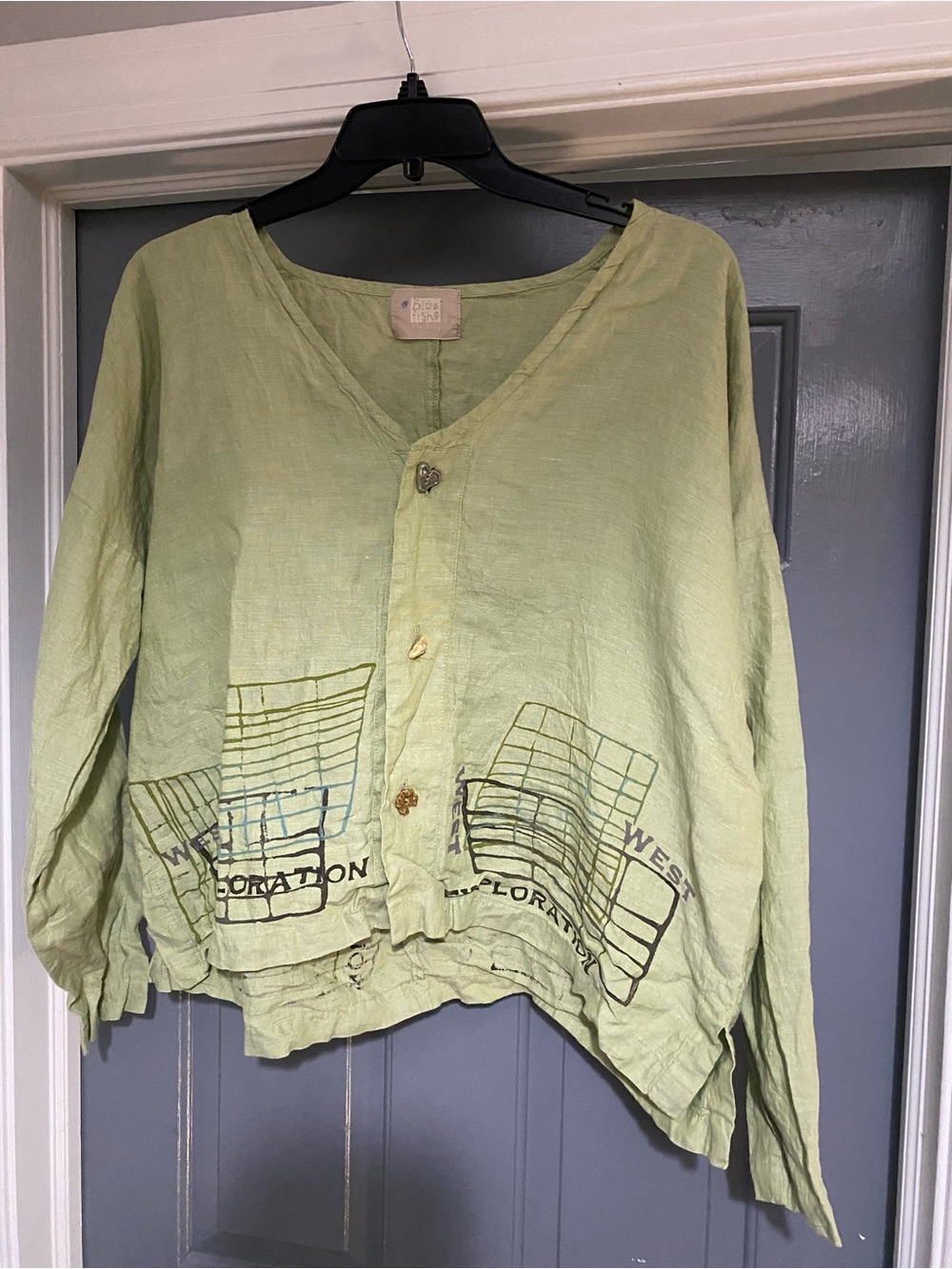 Blue Fish Light Green Linen Button-Front Top